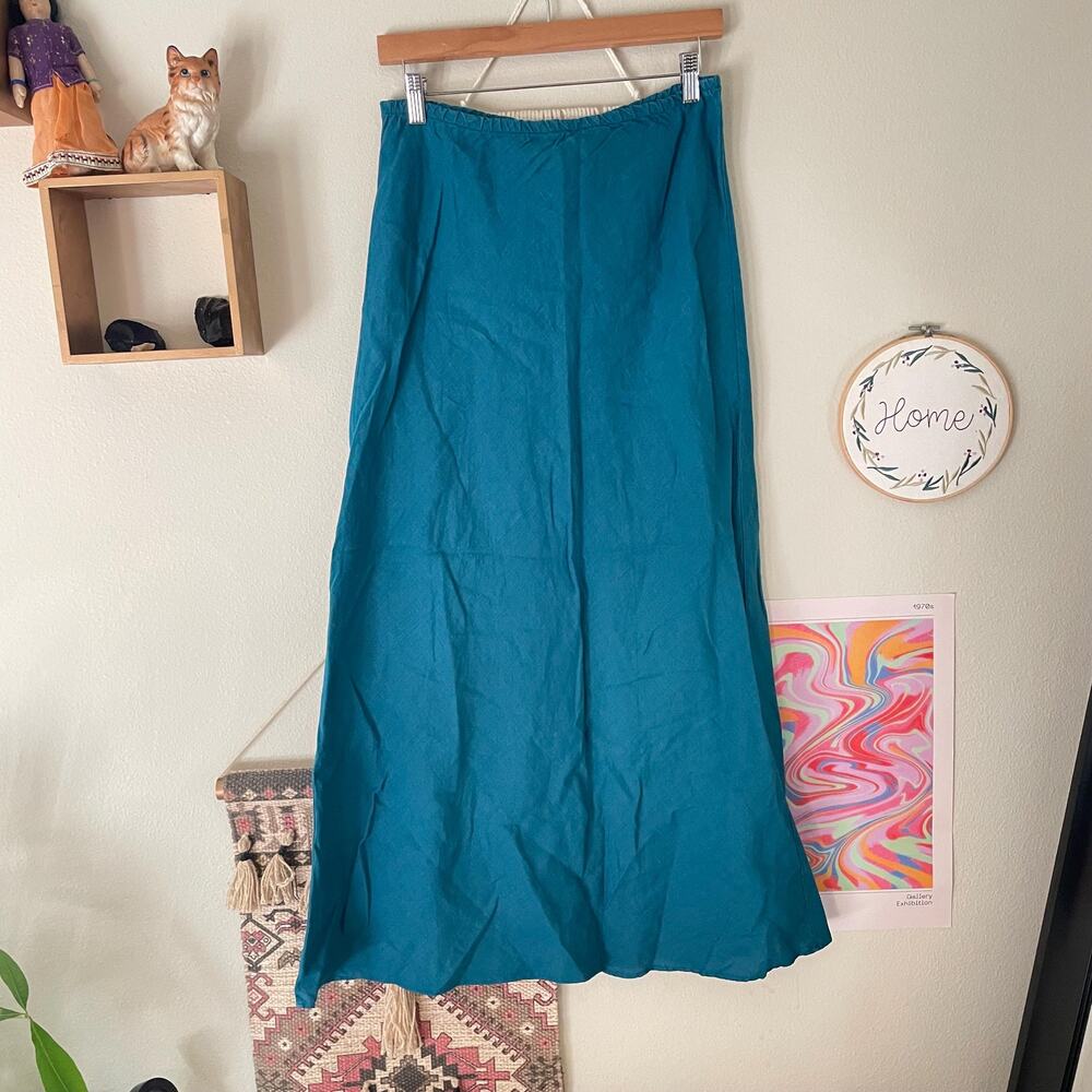 teal blue linen maxi skirt bryn walker size small boho minimalist natural fibers